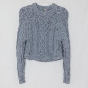 Free People Grey Cable Knit Crop Fisherman Scoop Neck Long Sleeve Pullover